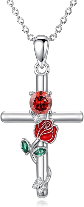 Birthstone Cross Necklace 925 Sterling Silver Rose with Butterfly Birthstone Cross Pendant Necklace Jewelry Gifts for Women Birthday Christmas