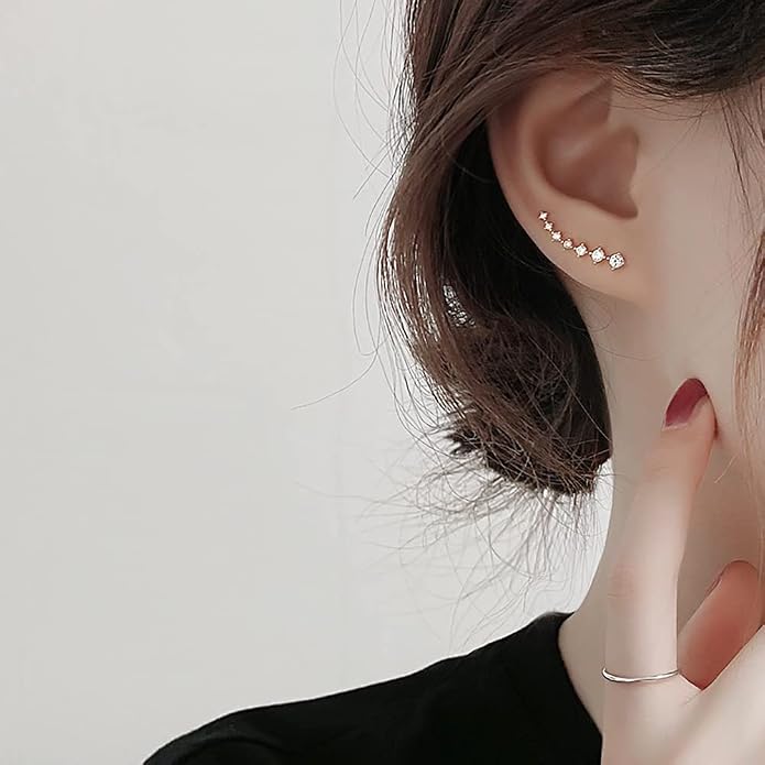 Reffeer Solid 925 Sterling Silver 7 Crystals Cuff Earrings Climber for Women Crawler Earrings Wraps