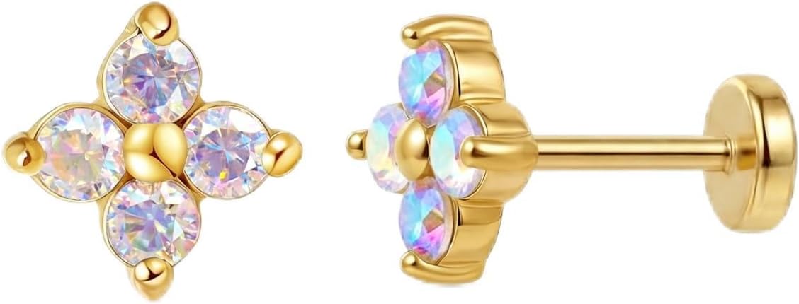 FANSING Short Threadless Cartilage Earring Stackable CZ Birthstone Flat Back Earrings for Women Small Stud Earrings for Tragus Helix Earlobe 18K Gold Plated ‌Rainbow 5.0mm