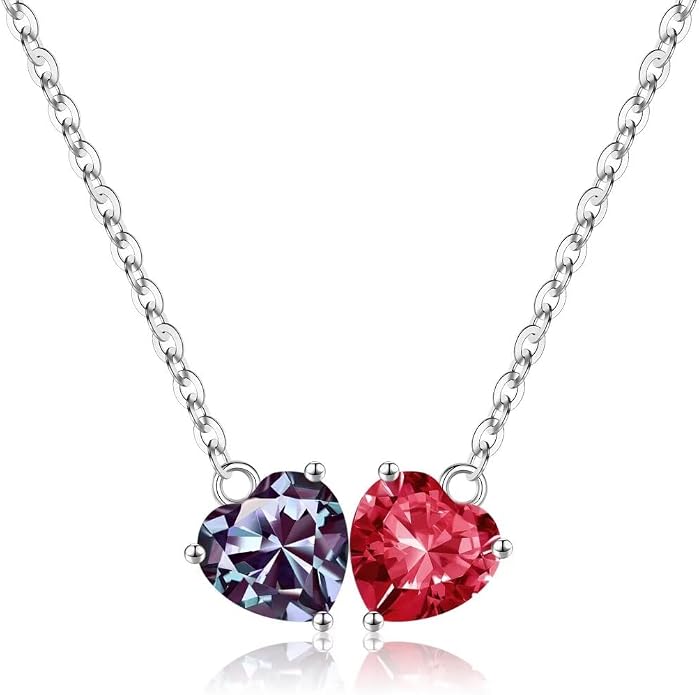 Iefil 1.25Ct Double Heart Birthstone Necklace - 925 Sterling Silver Birthstone Necklace, Birthday Gifts for Women, Jewelry Gifts for Mom Daughter Wife