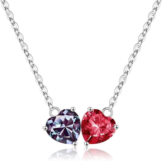 Iefil 1.25Ct Double Heart Birthstone Necklace - 925 Sterling Silver Birthstone Necklace, Birthday Gifts for Women, Jewelry Gifts for Mom Daughter Wife