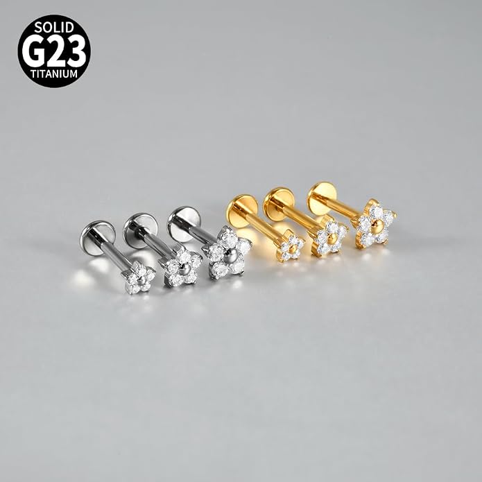 3PCS Titanium Mix Sizes Flower Zircon Lip Piercing Internal Thread Cz Small/Large Flower Labret Tragus Ear Cartilage Flat Piercing