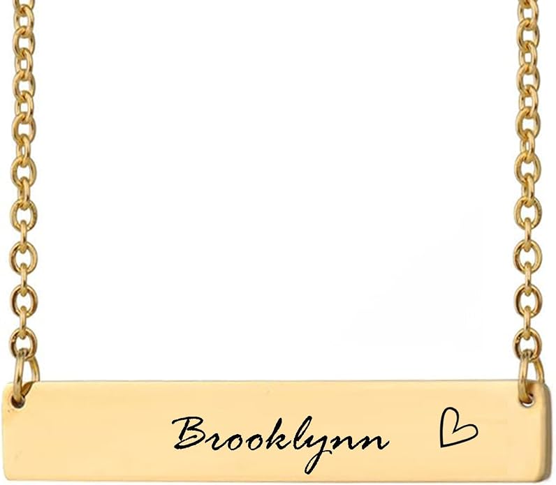 HUAN XUN Custom Bar Necklace Personalized Engraved Name Bar Necklace for Women Customized Stainless Steel Heart Pendant Bar Jewelry Gift for Her Mother Day Christmas