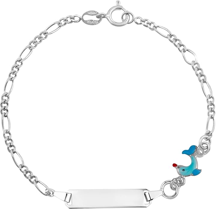 UNICORNJ 925 Italy Sterling Silver Child or Baby Name Bracelet Girls Boys, Personalized Engraved Kids ID Bracelets, 6.5" Figaro Chain, Enamel Charm Newborn Infant Toddler Kid Jewelry