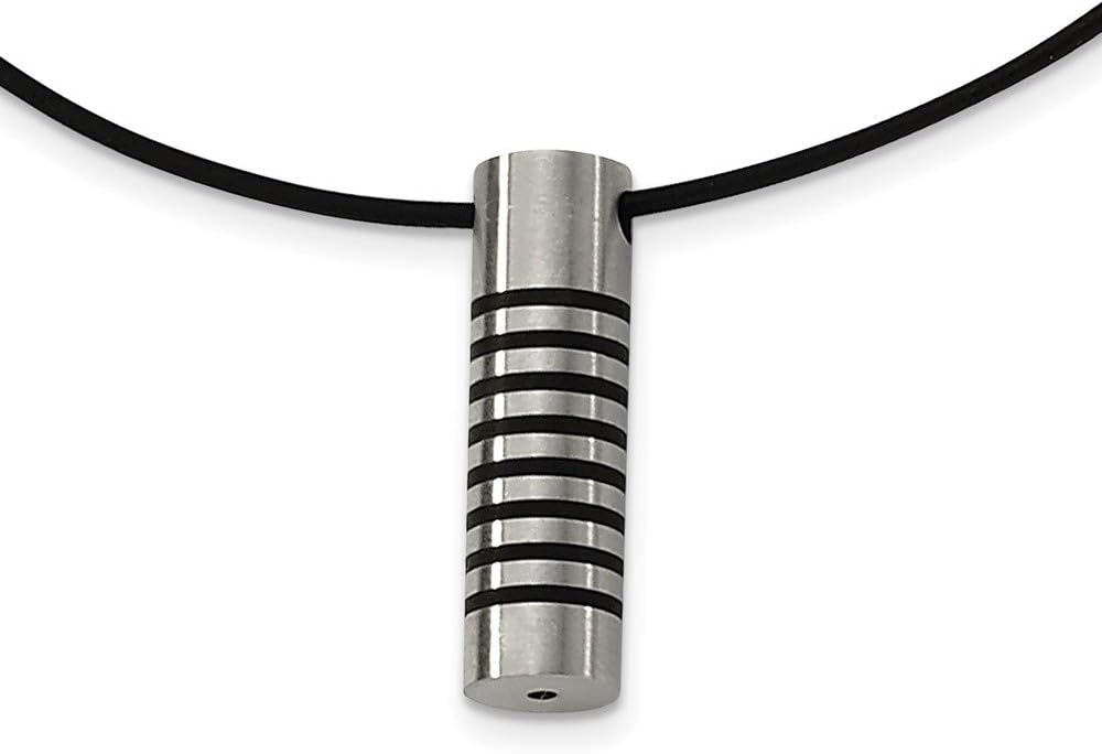 Solid Stainless Steel Men's Black Rubber Accent Leather Cord Pendant Necklace Charm Chain - with Secure Lobster Lock Clasp