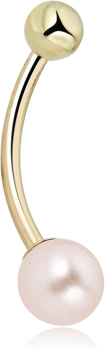 AVORA 10K Yellow/White Gold Freshwater Pearl Belly Button Ring Body Jewelry (14 Gauge)