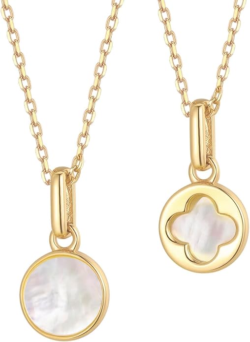 S.Leaf Sterling Silver Pearl Necklace for Women Gold Plated Double-sided Mother of Pearl Four Leaf Clover Shell Necklace Dainty Pendant Necklaces Gift for Women Her Mother Daughter Bridesmaids