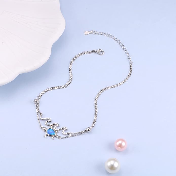 Flyow Anklet for Women S925 Sterling Silver Adjustable Foot Beaded Heart Charm Ankle Bracelet Anklets Jewelry