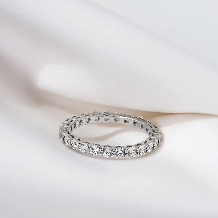 Amazon Essentials Platinum or Gold Plated Sterling Silver All-Around Band Ring set with Round Infinite Elements Cubic Zirconia