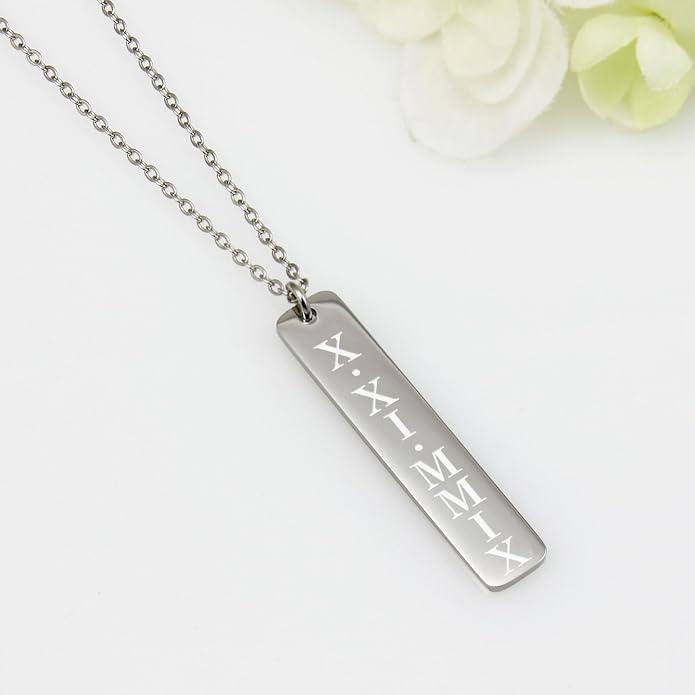 Personalized Engraved Coordinate Vertical Bar Stainless Steel Necklace Engraved Message Baby Name Pendant Keepsake Necklace Memorial Mother Gift