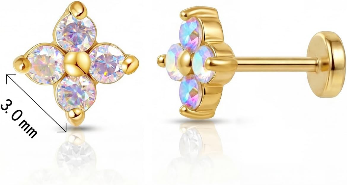 FANSING Short Threadless Cartilage Earring Stackable CZ Birthstone Flat Back Earrings for Women Small Stud Earrings for Tragus Helix Earlobe 18K Gold Plated ‌Rainbow 5.0mm
