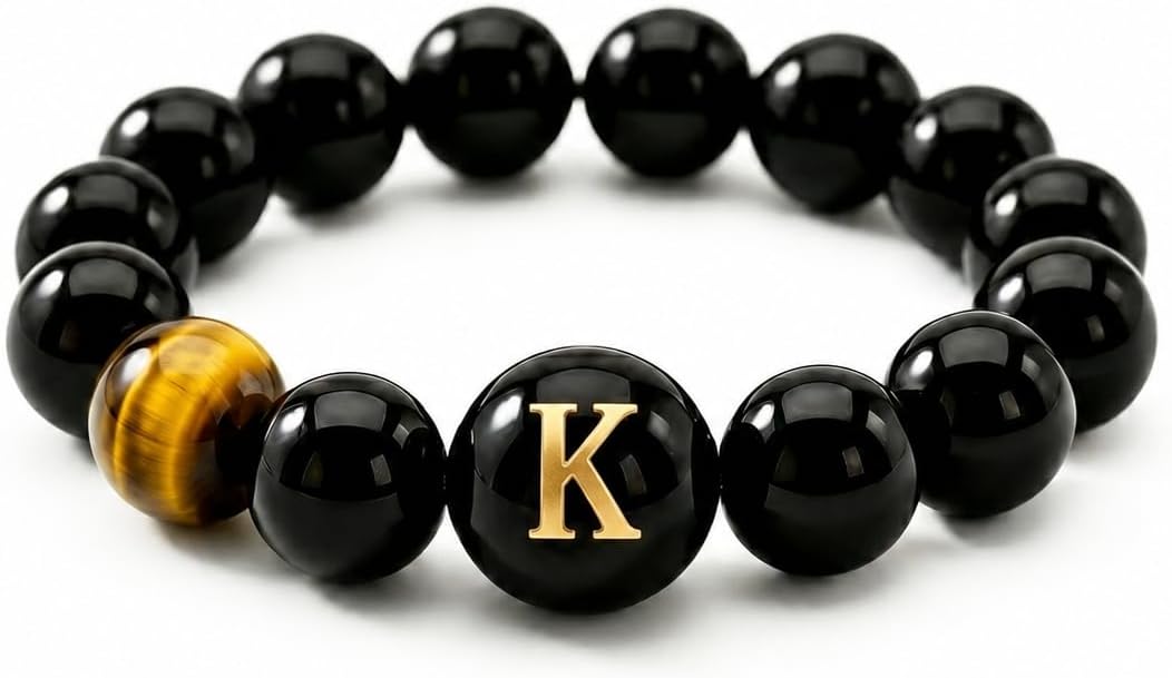 Initial Ring for Women, Black Onyx Beaded Stretch Letter Ring | Personalized-style A-Z initial ring with black onyx beads, shell letter bead, stretch fit, and gift-ready box
