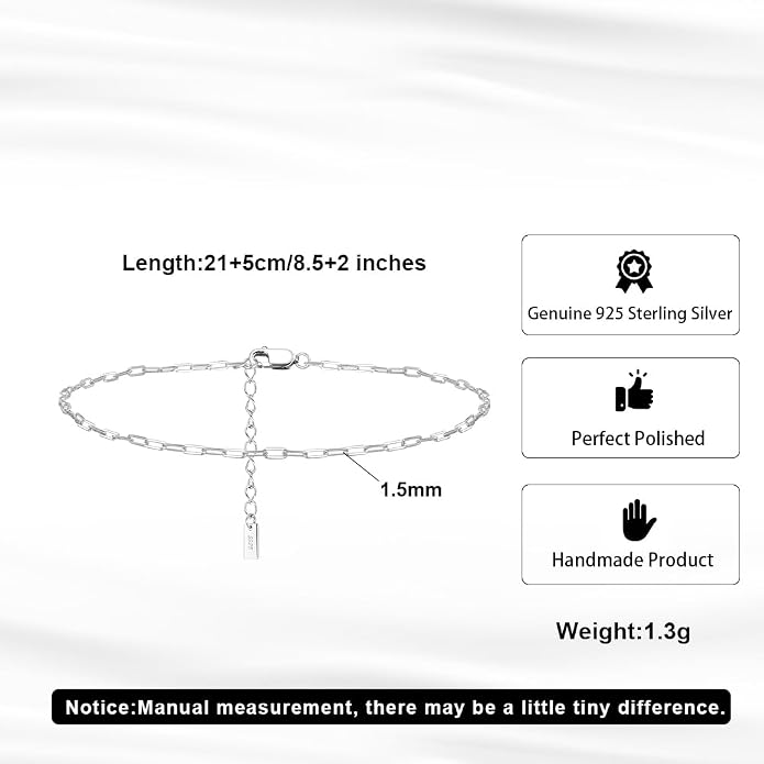 925 Sterling Silver Chain Anklets Bracelet For Women Adjustable Anklet Bracelet With Rhodium Plating For Long-Lasting Shine Silver Anklets For Women Jewelry Gift for Women