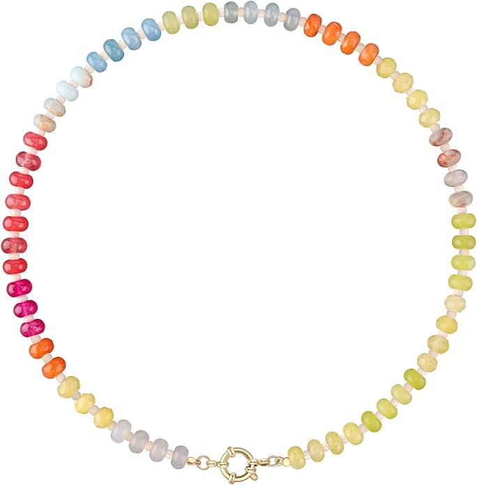 LALAPPLE Colorful Beaded Gemstone Necklace for Women, Boho Rainbow Bead Choker with Natural Stone Crystal Beads, Handmade Summer Beach Necklace Jewelry