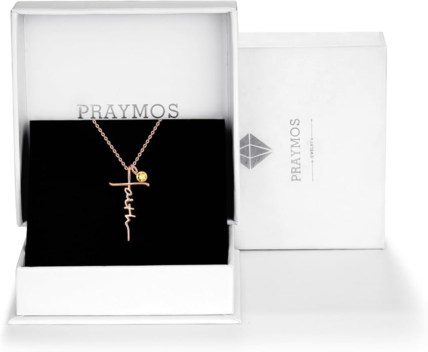 PRAYMOS Faith Cross Necklace for Women 925 Sterling Silver Pendant Necklace With Birthstone Initial Christian Religious Confirmation Baptism Mothers Day Gifts
