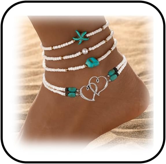 Anklets for Women Waterproof Ankle Bracelets Colorful Beaded Ankle Bracelet Elastic Starfish Shell Anklet Summer Beach Anklet Boho Jewelry Accessories
