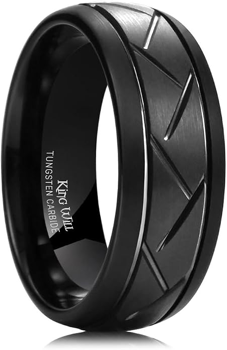 King Will Classic Tungsten Carbide Ring Brushed Two Grooved Center Hammered Design Mens Wedding Band for Men