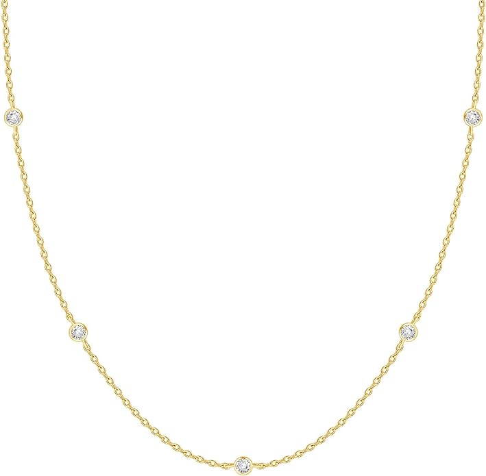 PAVOI 14K Gold Plated Station Necklace - Simulated Diamond Layering Necklaces - Womens CZ Chain