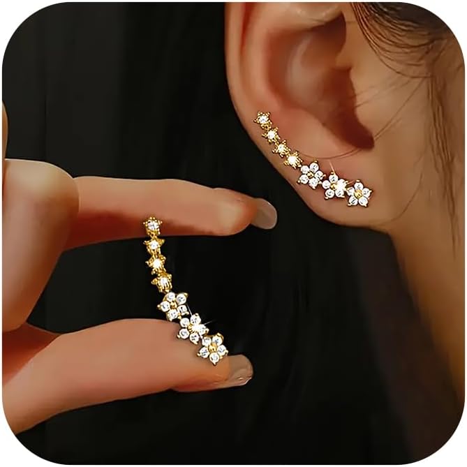 Dainty Flowers Ear Climbers Stud Earrings for Women 925 Sterling Silver Diamond Flower Cuff Crawler Earrings for Mom 14K Gold Plated Cute White Cubic Zirconia Earrings Wedding Graduation Jewelry Gifts