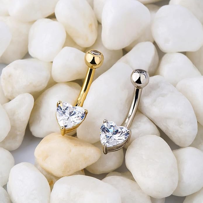 OUFER Belly Navel Rings - 14K Solid White Gold Heart Solitaire Cubic Zirconia Belly Button Rings