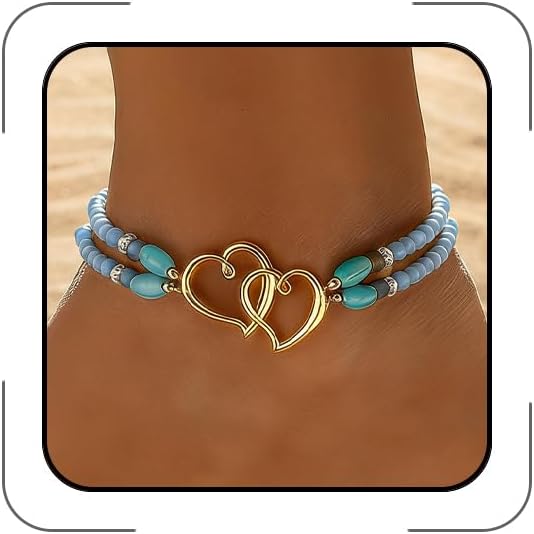 Elastic Beaded Ankle Bracelets for Women Double Heart Layered Stretch Ankle Bracelets Waterproof Dainty Boho Beaded Anklets for Summer Beach Foot Jewelry