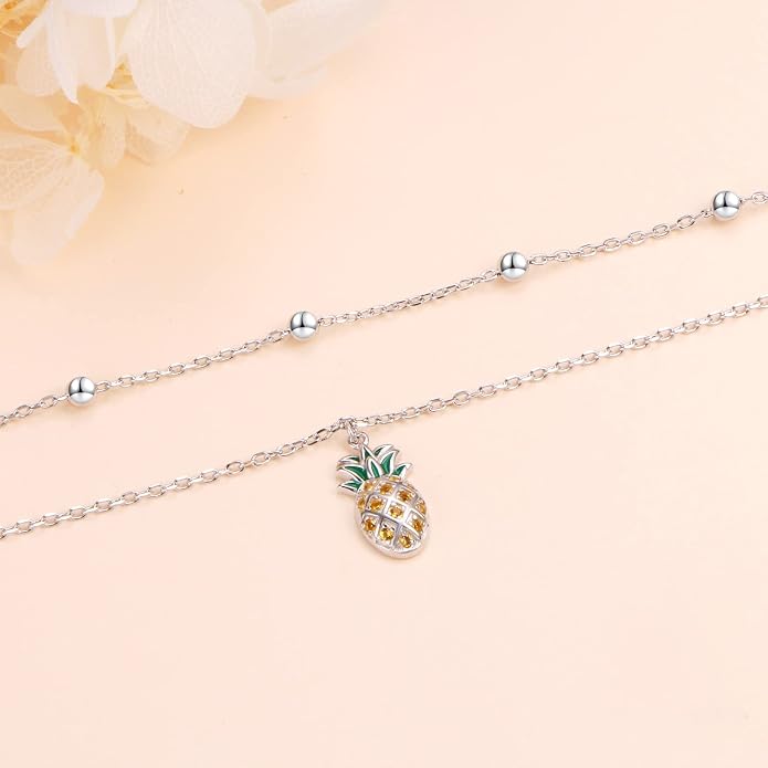 Flyow Anklet for Women S925 Sterling Silver Adjustable Foot Beaded Heart Charm Ankle Bracelet Anklets Jewelry