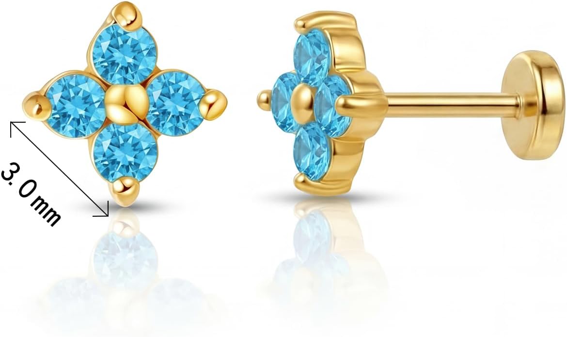 FANSING Short Threadless Cartilage Earring Stackable CZ Birthstone Flat Back Earrings for Women Small Stud Earrings for Tragus Helix Earlobe 18K Gold Plated ‌Rainbow 5.0mm