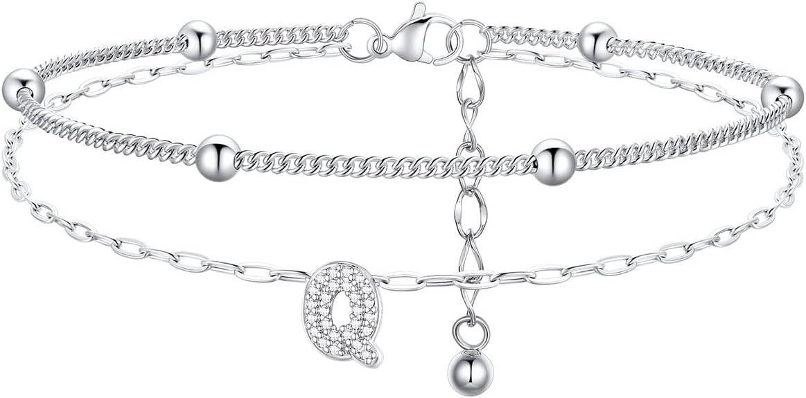 FindChic Silver/14K Gold Plated Layered CZ Initial Ankle Bracelet for Women | Waterproof Stainless Steel, Cubic Zirconia Letter Charm, Non-Tarnish, Hypoallergenic, Adjustable Extender, Summer Jewelry