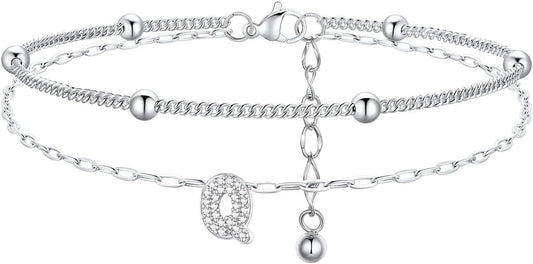 FindChic Silver/14K Gold Plated Layered CZ Initial Ankle Bracelet for Women | Waterproof Stainless Steel, Cubic Zirconia Letter Charm, Non-Tarnish, Hypoallergenic, Adjustable Extender, Summer Jewelry