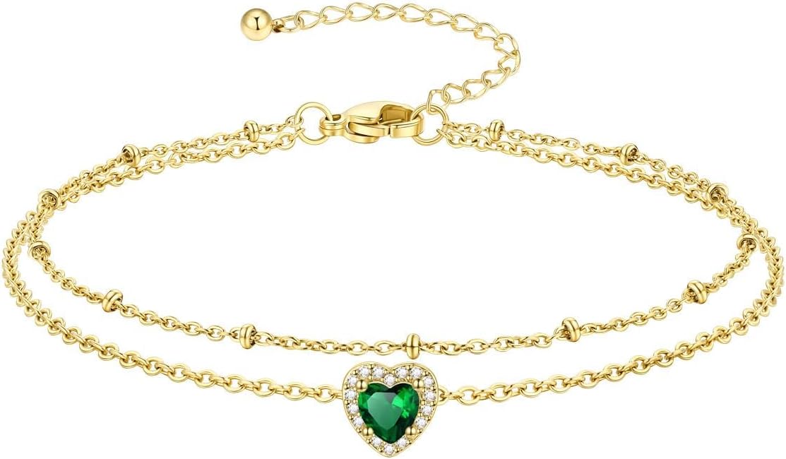 Richsteel Double Layer Heart/Butterfly Birthstone Anklet for Women Non Tarnish Waterproof, Silver/Gold/Black Stainless Steel 8.5-10.5 Inch Adjustable Chain Anklets Jewelry Gifts for Her