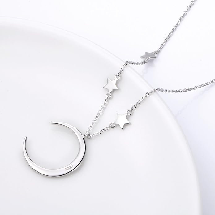Ladytree 925 Sterling Silver Jewelry Crescent Moon and Star Pendant Necklace