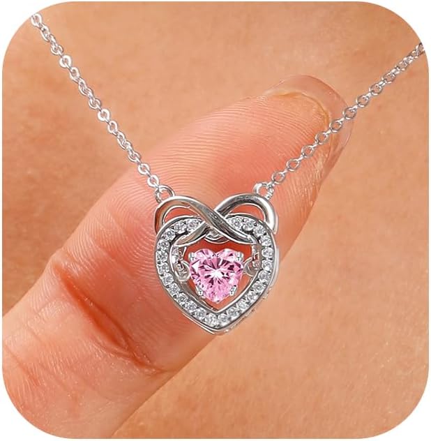 Trendy Dainty Infinity Birthstone Necklace, Dancing Heart 18K White Gold Plated 925 Sterling Silver Heart Necklace, Romantic Love Jewelry Graduation Gifts for Women Her