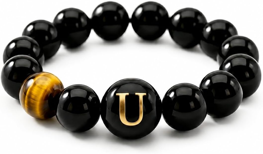 Initial Ring for Women, Black Onyx Beaded Stretch Letter Ring | Personalized-style A-Z initial ring with black onyx beads, shell letter bead, stretch fit, and gift-ready box