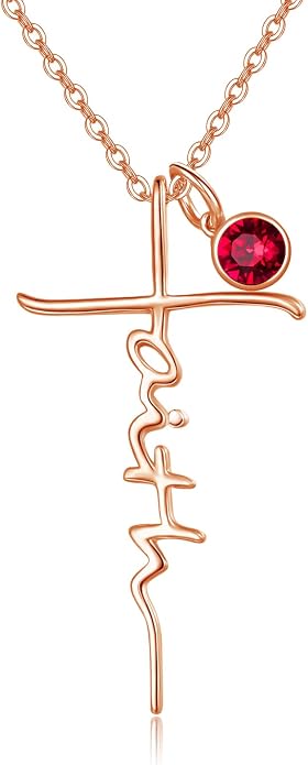 PRAYMOS Faith Cross Necklace for Women 925 Sterling Silver Pendant Necklace With Birthstone Initial Christian Religious Confirmation Baptism Mothers Day Gifts