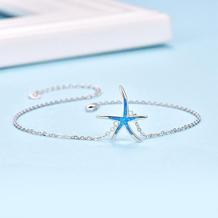 Cuoka Starfish Bracelet 925 Sterling Silver with White Fire Opal Chain Bracelets Ocean Jewelry Birthday For Women