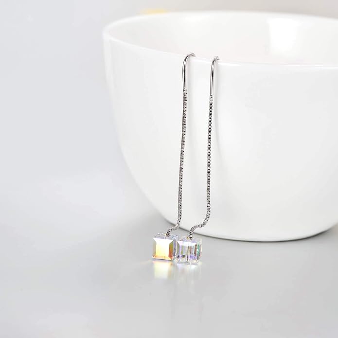 AOBOCO Heart/Butterfly/Cube Threader Dangle Drop Earrings - 925 Sterling Silver Long Chain Earring for Women Baroque Hook Drop Earrings Crystals from Austria