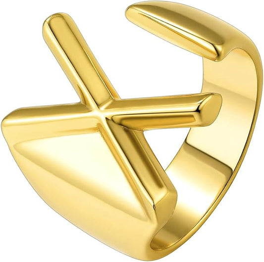Suplight Nikel Free 18K Gold Plated Letter Rings, Fashion Monogram Jewelry Statement A-Z Wide Name Initial Alphabet Adjustable Open Ring for Women