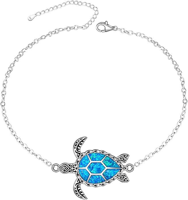 Fenthring Turtle Anklets for Women Turtle Ankle Bracelet Blue Opal Sea Sterling Silver Infinity Wave Ocean Beach Summer Jewelry Mothers Day