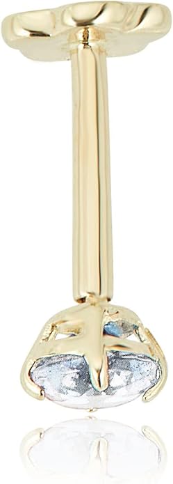 AVORA 14K Yellow/White Gold 3mm Round Simulated Diamond (0.1 carat) Cartilage Piercing Flat Back Earring Body Jewelry (18 Gauge) - Emerald, Ruby, Amethyst, Sapphire, Sim. Diamond