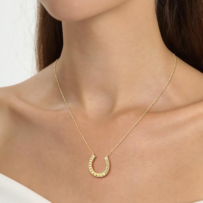 Luck Horseshoe Necklace 14K Gold Plated/Sterling Silver Created Gemstone Pendant with Chain Channel Set U Shaped Charm Necklace Birthstone Jewelry