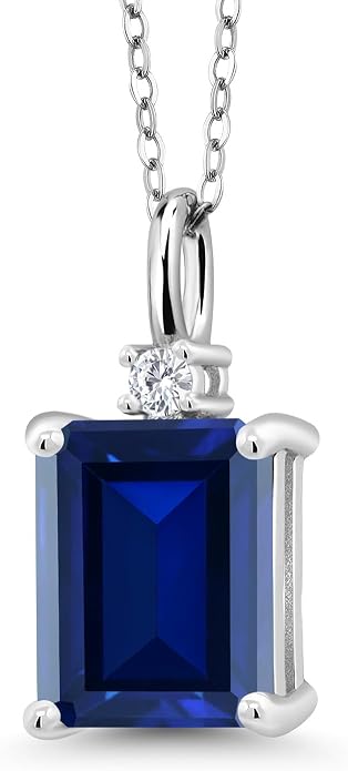 Gem Stone King 925 Sterling Silver Gemstone Birthstone Pendant Necklace for Women | Emerald Cut 10X8MM and Round 2MM | With 18 Inch Chain | Fine Jewelry for Her Mom Wife