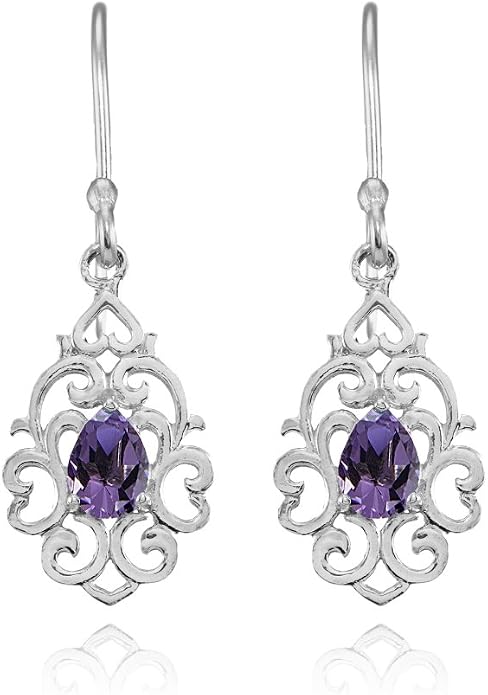 Sterling Silver Genuine or Created Gemstone Filigree Heart Teardrop Dangle Earrings