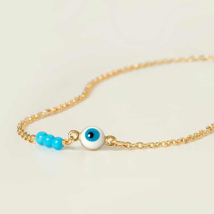 Gold Dainty Turquoise Anklet for Women,14K Gold Plated Cute Tiny Beaded Evil Eye Boho Beach Foot Chain Ankle Bracelet for Women on Summer