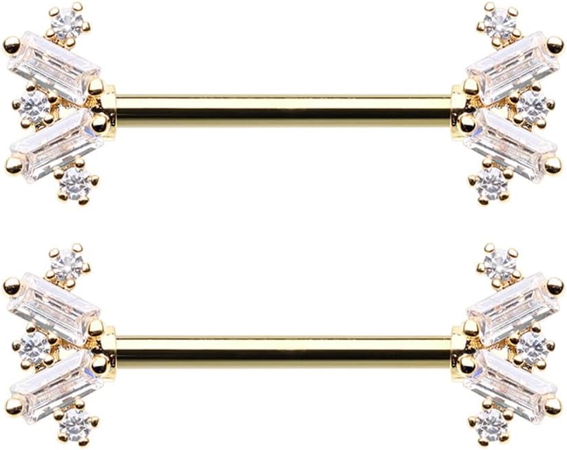 Pierced Owl 14GA Stainless Steel Stacked CZ Crystal Baguette Gem Ends Nipple Barbells, Sold as a Pair