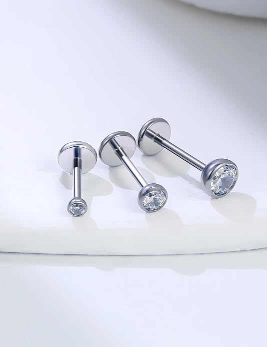 20G 18G 16G Astm F136 Titanium Internally Threaded Flat Back Earrings Nose Rings Studs G23 Titanium Tragus Helix Conch Cartilage Earrings Studs Piercing Jewelry For Women Men Clear Pink CZ