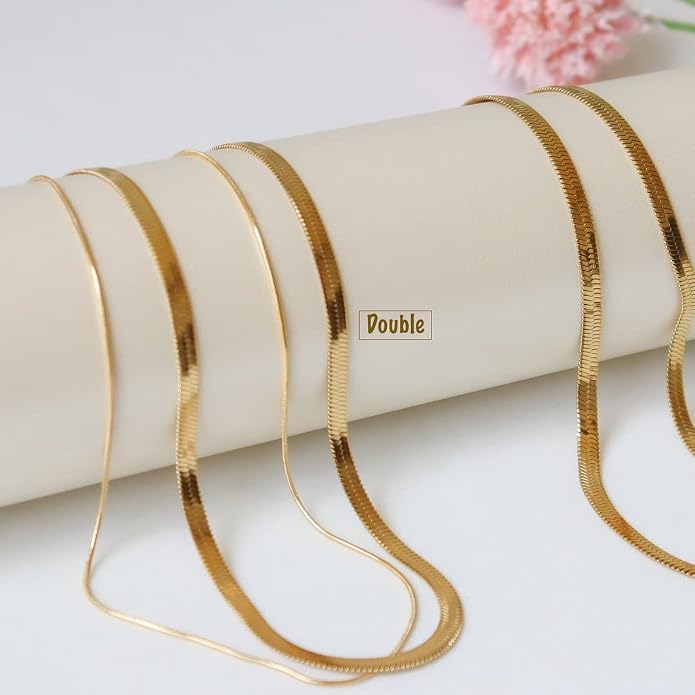 18K Gold Plated Layered Herringbone Necklaces for Women Dainty Layering Beaded Snake Chain Choker Moon Coin Pendant Necklace Trendy Stainless Steel Jewelry