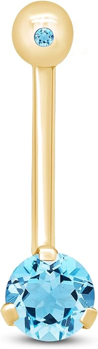 AFFY Internally Threaded Belly Button Navel Ring for Women, Three-Prong Round Simulated Birthstone in 14K Gold Over 925 Sterling Silver, Body Piercing Jewelry Gift