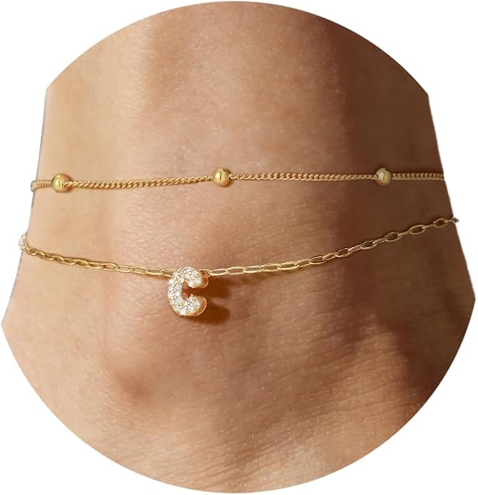 FindChic Silver/14K Gold Plated Layered CZ Initial Ankle Bracelet for Women | Waterproof Stainless Steel, Cubic Zirconia Letter Charm, Non-Tarnish, Hypoallergenic, Adjustable Extender, Summer Jewelry