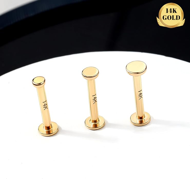 Melighting 14K Solid Gold Flat Back Cartilage Earring 16G Helix Piercing Jewelry Internally Threaded Labret 8mm