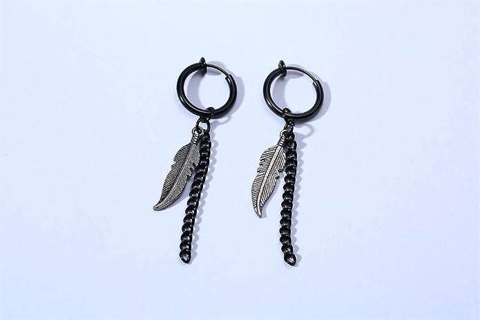 VNOX Unisex Vinatge Stainless Clip On Earrings Non Piercing Feather Charm Dangle Hinged Stud Earrings for Men Women Teen